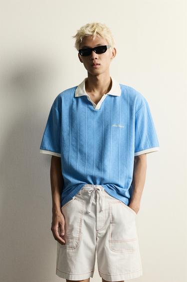 RELAXED FIT EMBROIDERED TEXT POLO SHIRT - Light blue by Zara