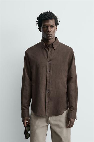 РУБАШКА REGULAR FIT ИЗ КОНОПЛИ И ХЛОПКА — КОРИЧНЕВЫЙ от Zara