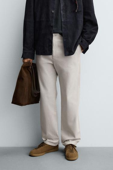 STRAIGHT-LEG TWILL TROUSERS - Stone by Zara
