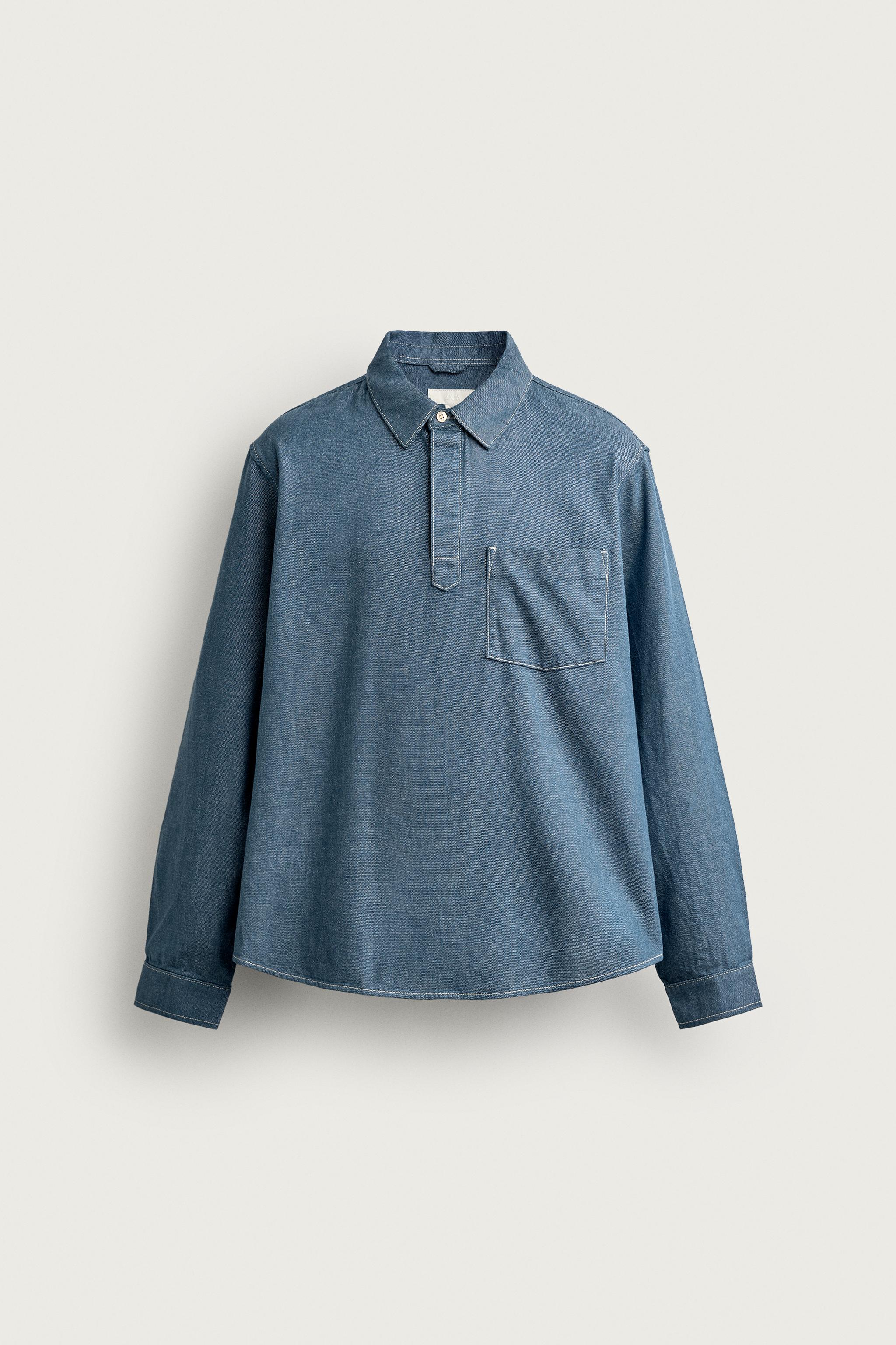 WASHED LIGHTWEIGHT DENIM POLO SHIRT — Blue
