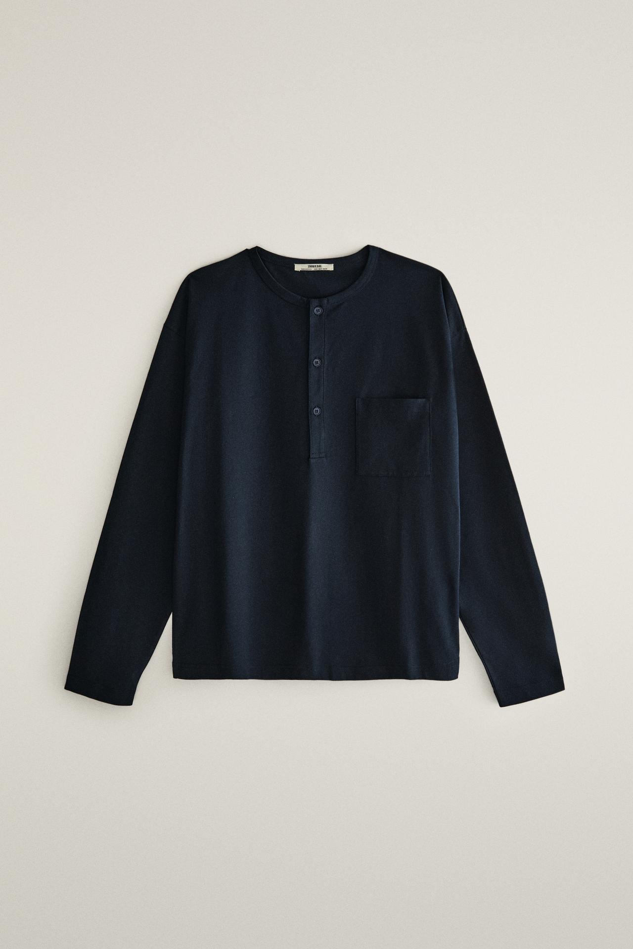 COTTON LONG SLEEVE POCKET T-SHIRT — Navy blue