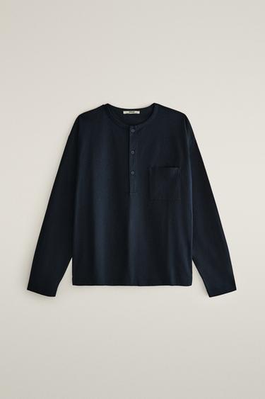 COTTON LONG SLEEVE POCKET T-SHIRT — Navy blue 1