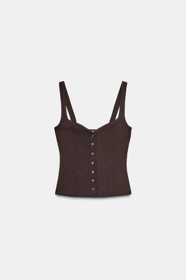 Zara SWEETHEART NECKLINE BUTTON TOP - Brown