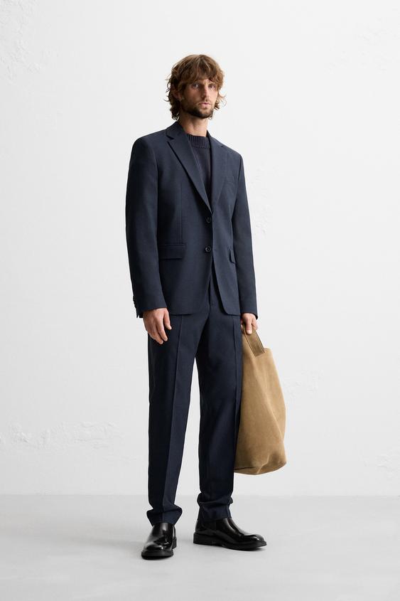 CHECKERED STRUCTURED SUIT PANTS - Navy blue | ZARA United States