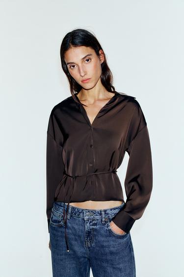 SATIN BELTED SHIRT — Brown 1