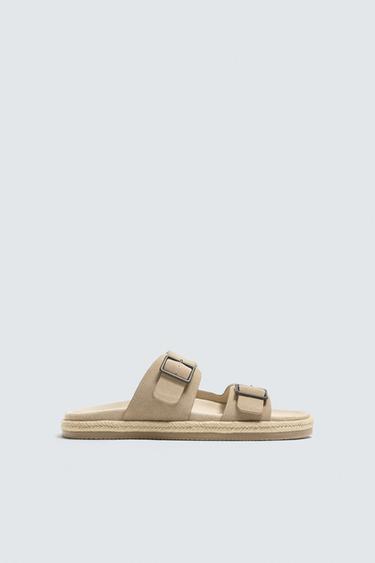 Zara DOUBLE STRAP LEATHER SANDALS - Sandy Brown