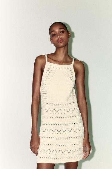 Zara HALTER CROCHET KNIT MINI DRESS - Ecru