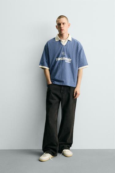 KËMISHË POLO CROPPED FIT ME TEKST TË STAMPUAR - E kaltër/ E bardhë nga Zara - Imazh 0