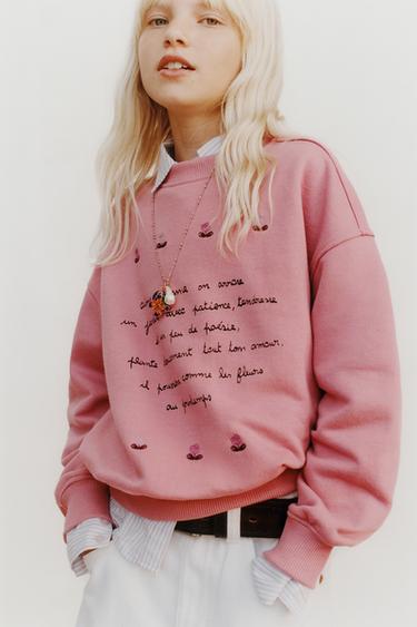 SWEATSHIRT WITH EMBROIDERED FLORAL SLOGAN - Pink by Zara