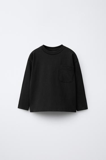 Zara MEDIUM WEIGHT PLAIN POCKET T-SHIRT - Black