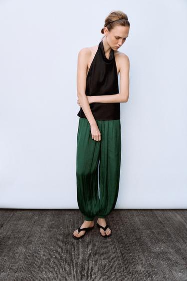 PANTALÓN SATINADO BOMBACHO - Verde de Zara