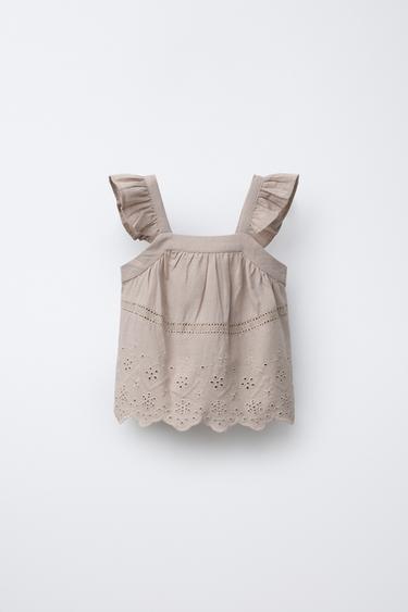 TOP بتطريز قطن وكتان - صخري by Zara