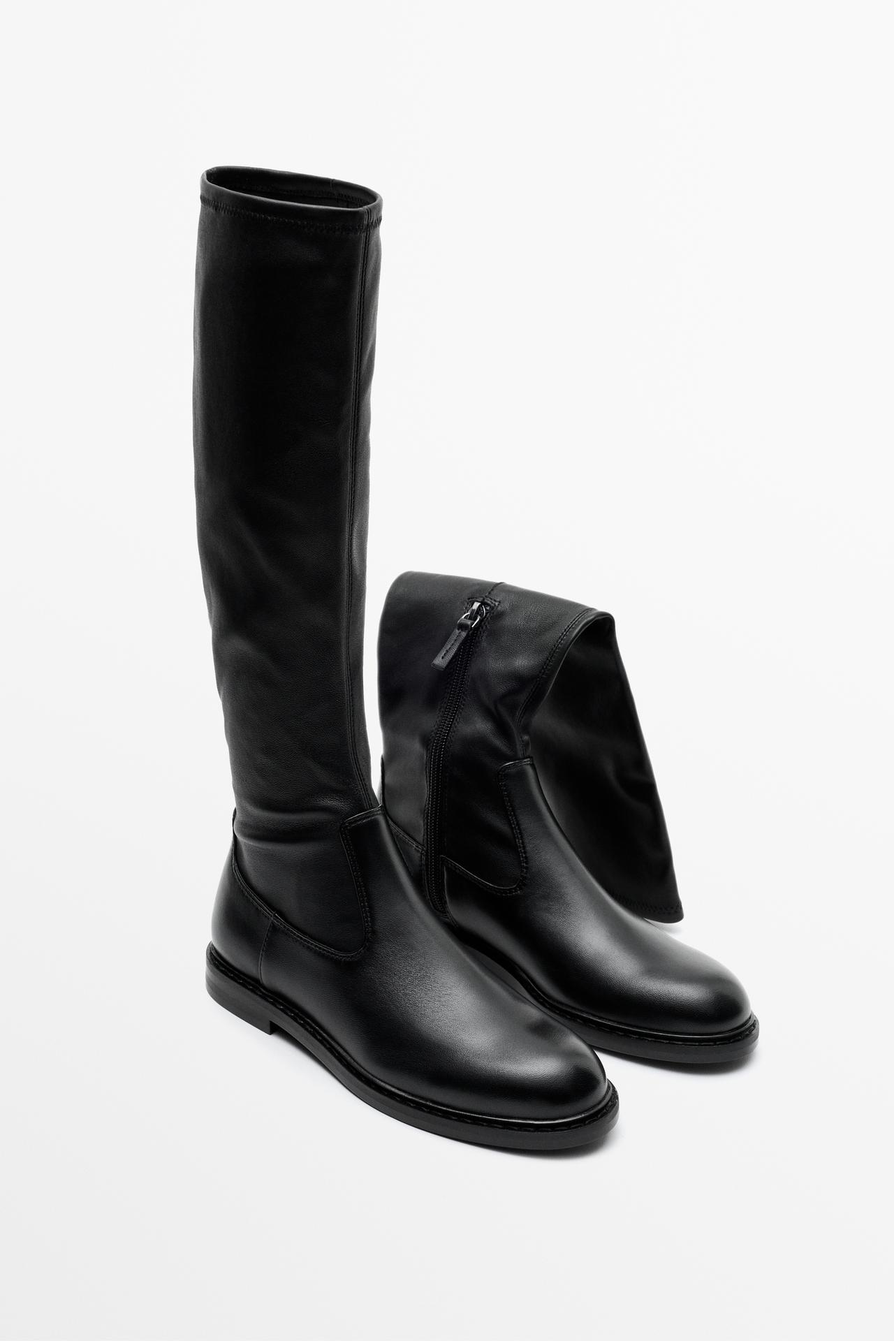 Elastic Shaft Leather Boot — Black