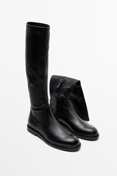 Elastic Shaft Leather Boot — Black 2
