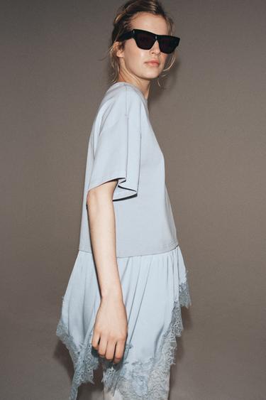 CONTRAST LACE T-SHIRT - Pastel blue by Zara