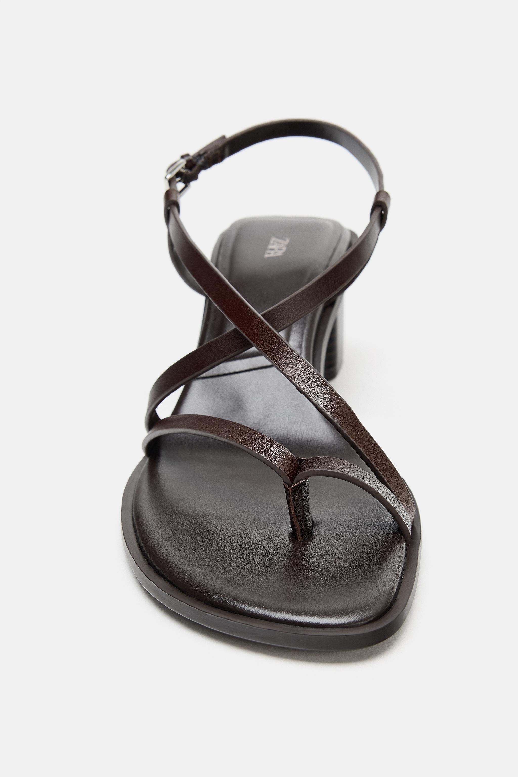 Женские сандалии Zara LEATHER WIDE HEEL SANDALS — фото 5