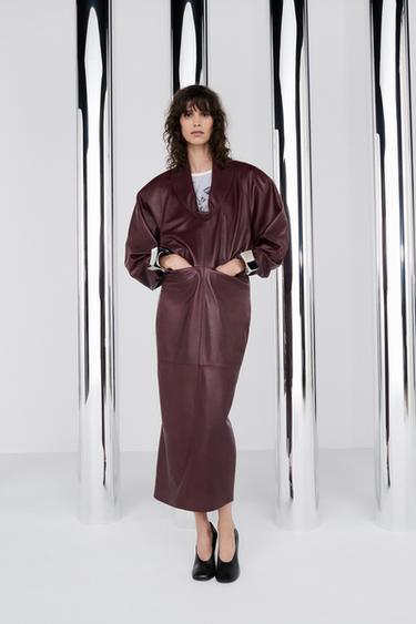100% LEATHER PUFFED-BODY DRESS — Burgundy 1