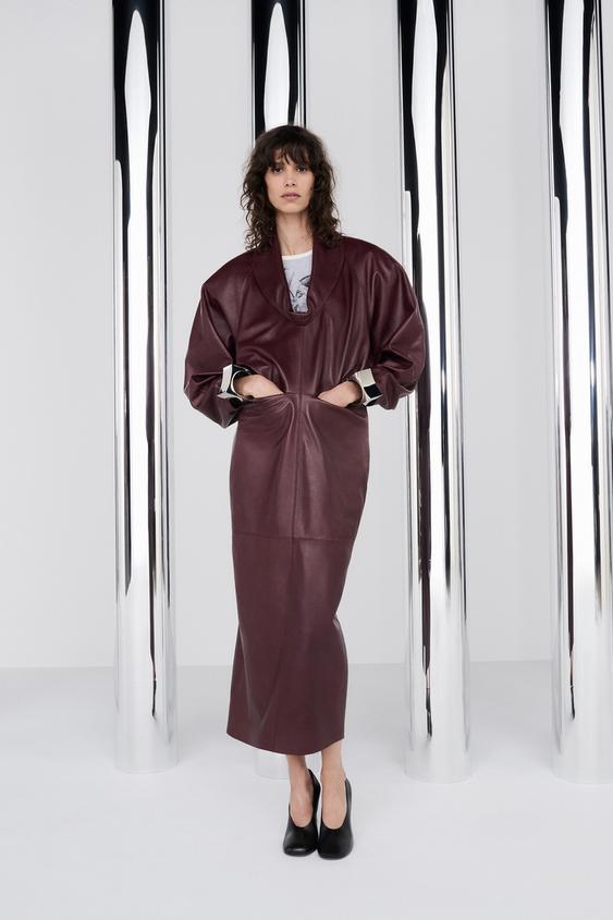 Zara 100% LEATHER PUFFED-BODY DRESS - Burgundy - Image 0