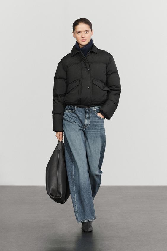 Zara Down bomber jacket with nappa leather collar - Black - Image 0
