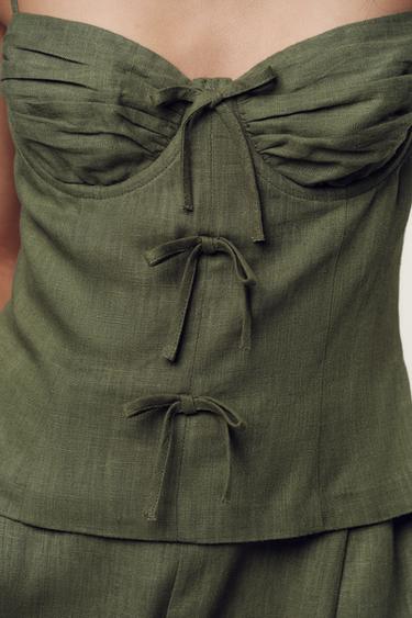 LINEN BLEND STRAPPY JUMPSUIT WITH BOWS - Khaki by Zara