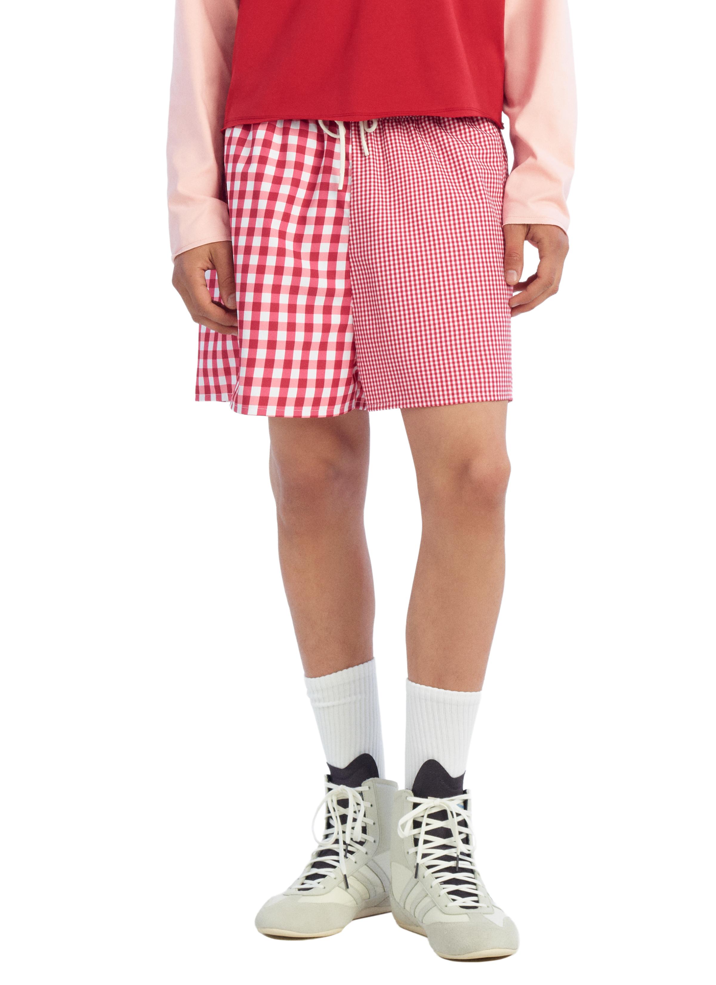 COMBINED PLAID MID-LENGTH SWIMSUIT — Red / White