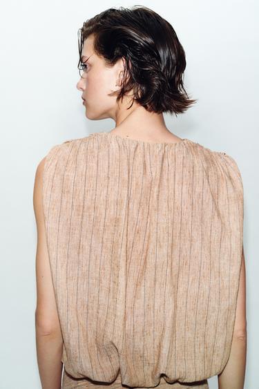 TOP RAYÉ À MANCHES BALLON - Marron clair de Zara - Image 4