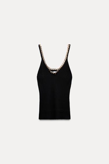 RIBBED KNIT TOP WITH CHAIN DETAIL - Black by Zara - Image 0