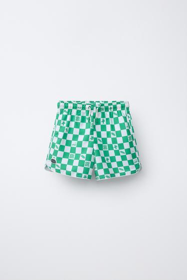 AGES 6-14 / CHECKERBOARD LOGO RUBBERISED SWIMMING TRUNKS - Green by Zara
