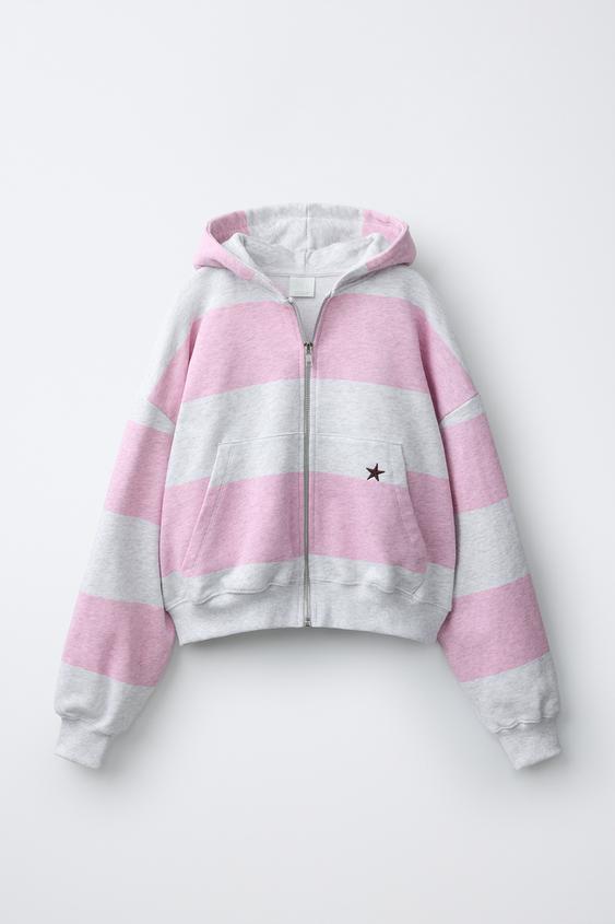 STRIPED ZIP-UP HOODIE WITH PATCH - Grey marl by Zara - Image 0