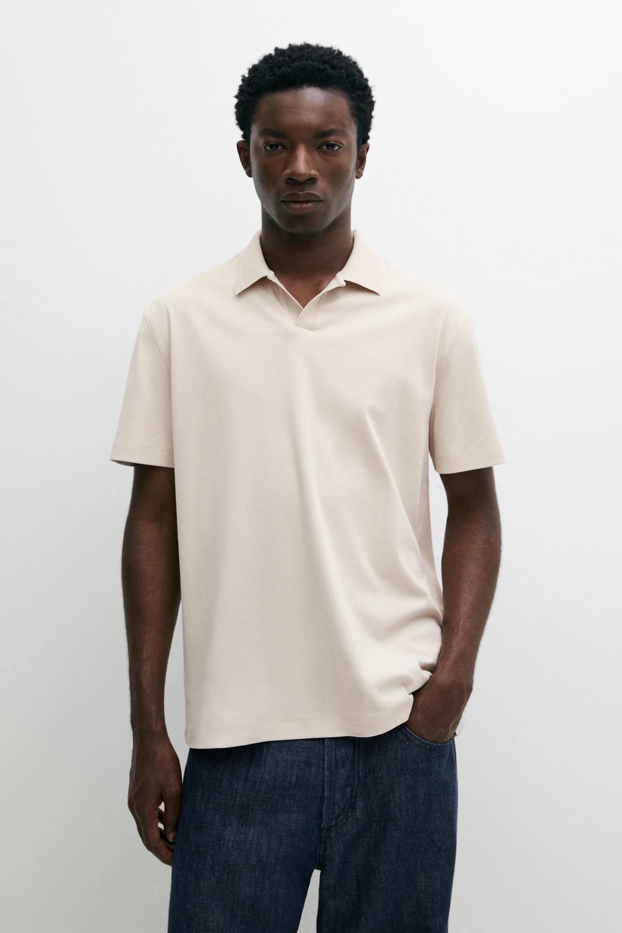 100% cotton V-neck knit polo — Stone