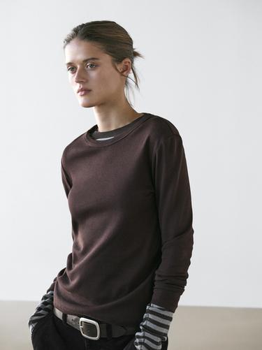 Zara Ribbed long sleeve melange T-shirt - Brown