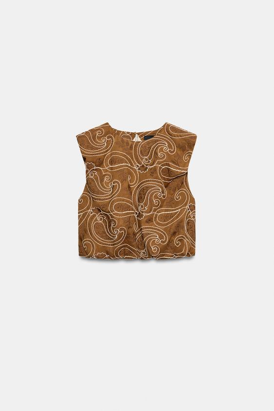EMBROIDERED PUFF HEM TOP - Mid-camel by Zara - Image 0