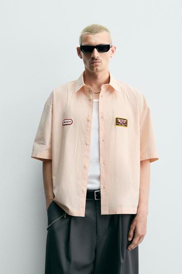 CAMISA BOXY FIT RISCAS - branco-laranja da Zara