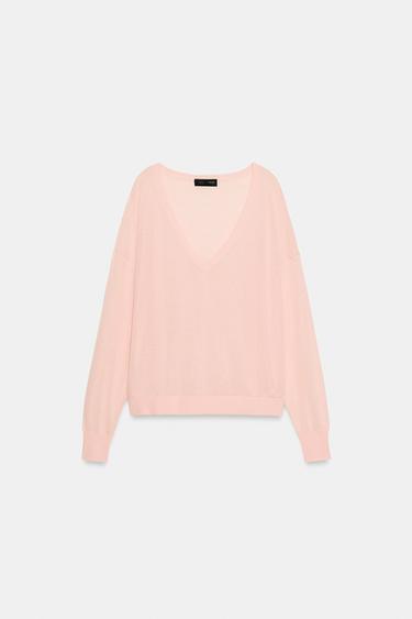 ДЖЕМПЕР ТОНКОЙ ВЯЗКИ С V-ОБРАЗНЫМ ВЫРЕЗОМ — ПАСТЕЛЬНО-РОЗОВЫЙ от Zara