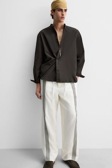 100% LINEN TROUSERS WITH STRIPES - Oyster-white by Zara - Image 3