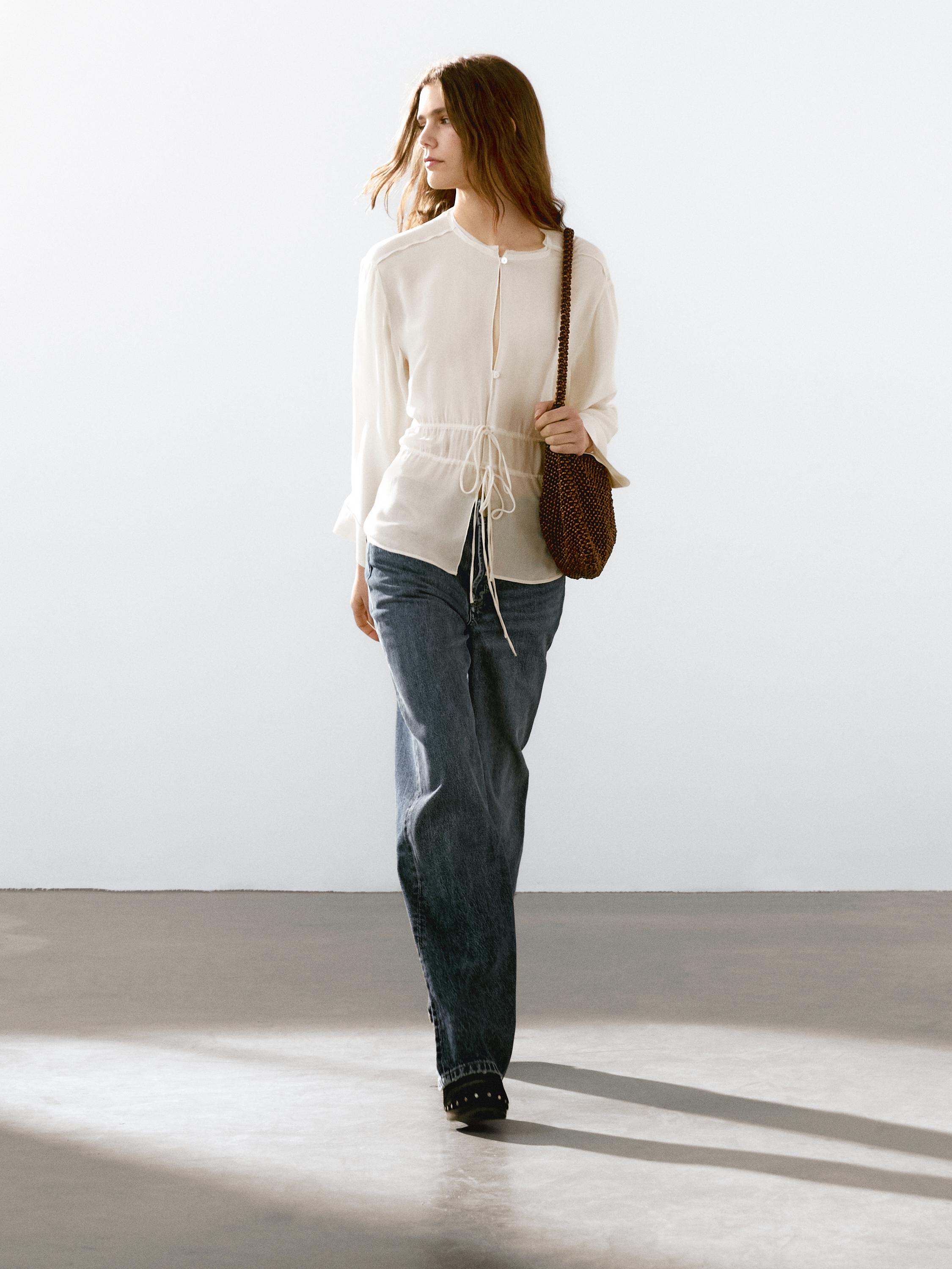 Flowing semi-sheer shirt with ties - Ecru | ZARA United States
