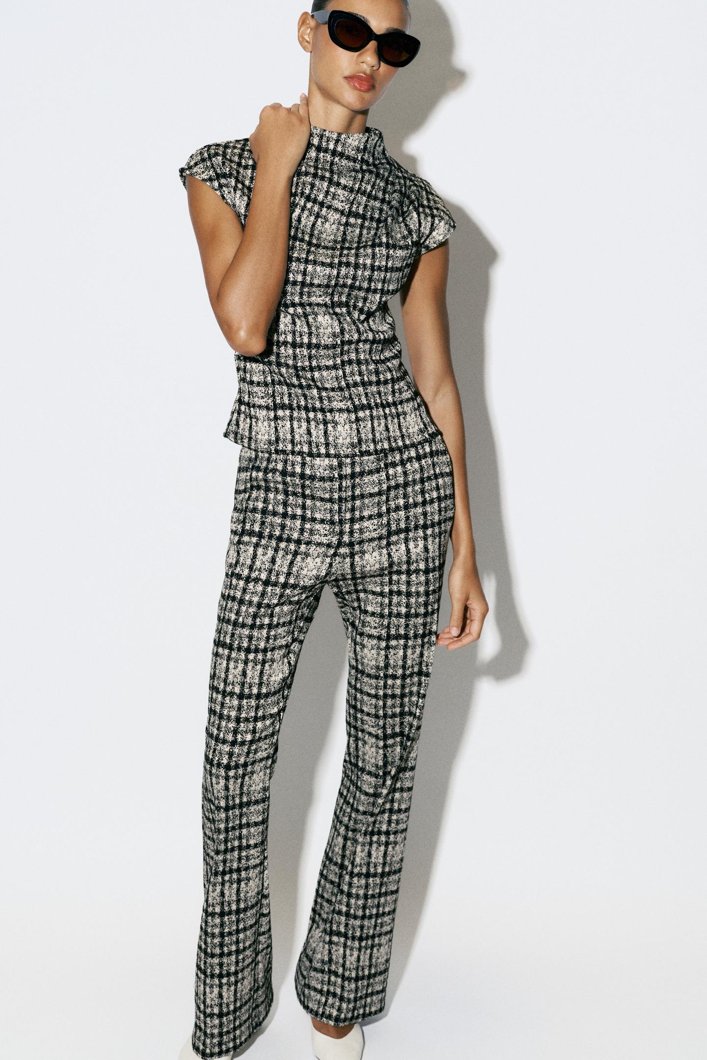 Женские брюки Zara Plaid Flare, цвет: Экрю / Чёрный — фото 3