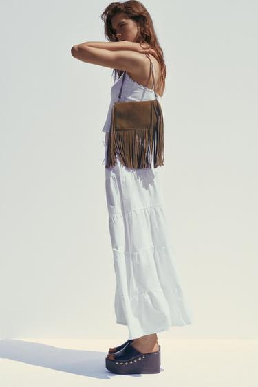Zara FRINGED SPLIT LEATHER MINI CROSSBODY BAG - Brown