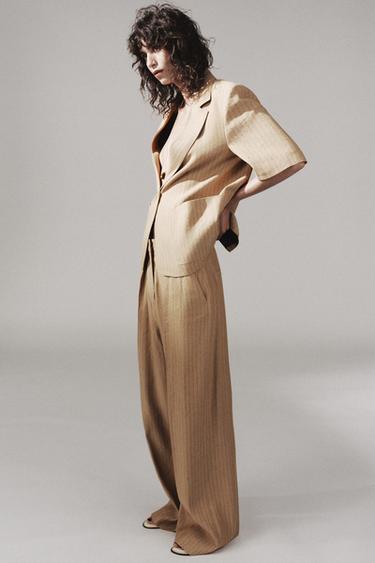 Zara ZW COLLECTION STRIPED LINEN BLAZER - Light camel