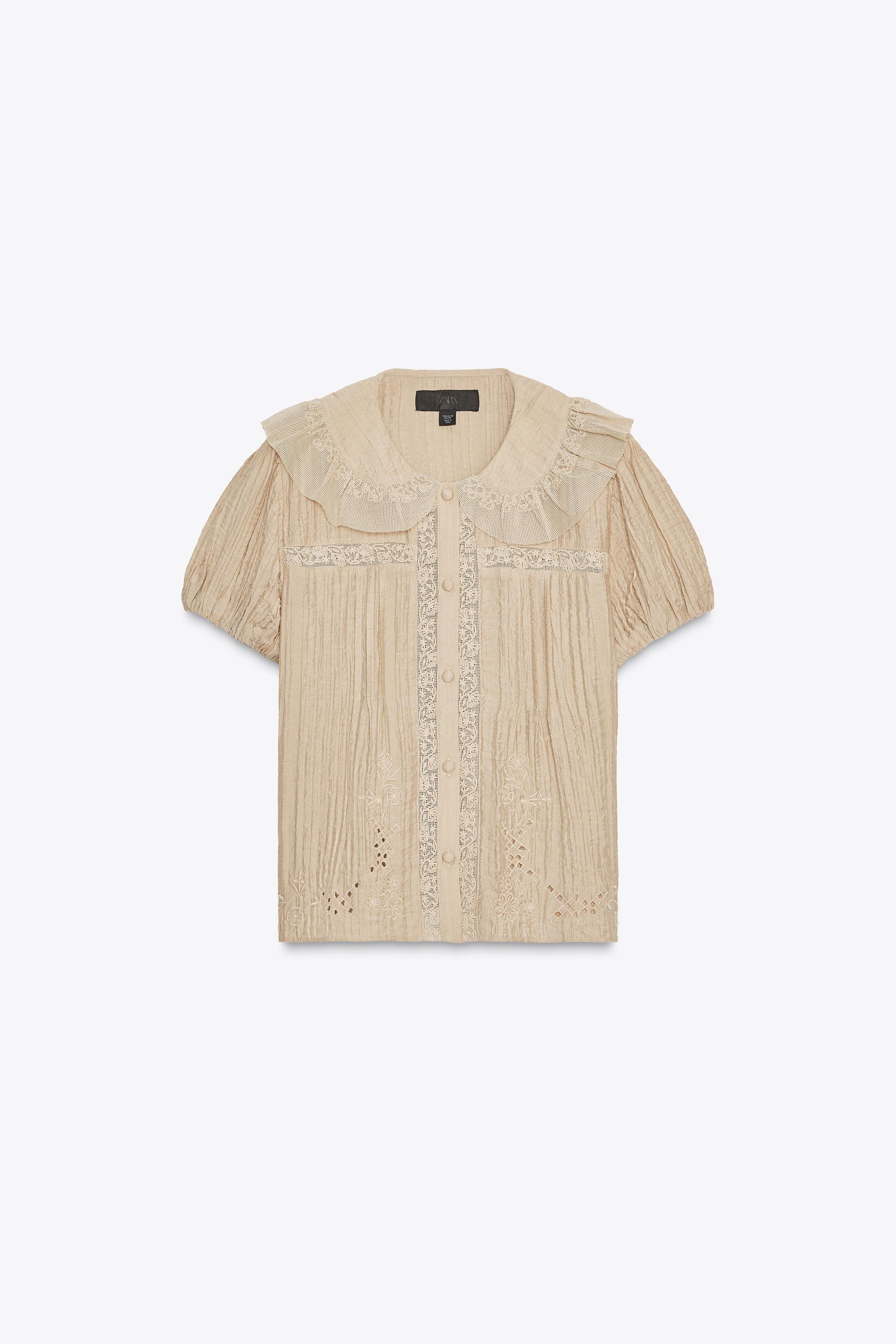 トップスその他 PARTIMENTO Classic Collar Stripe Long Sleeve Beige PY-24142 EMBROIDERED PETER PAN COLLAR SHIRT - Beige | ZARA United States