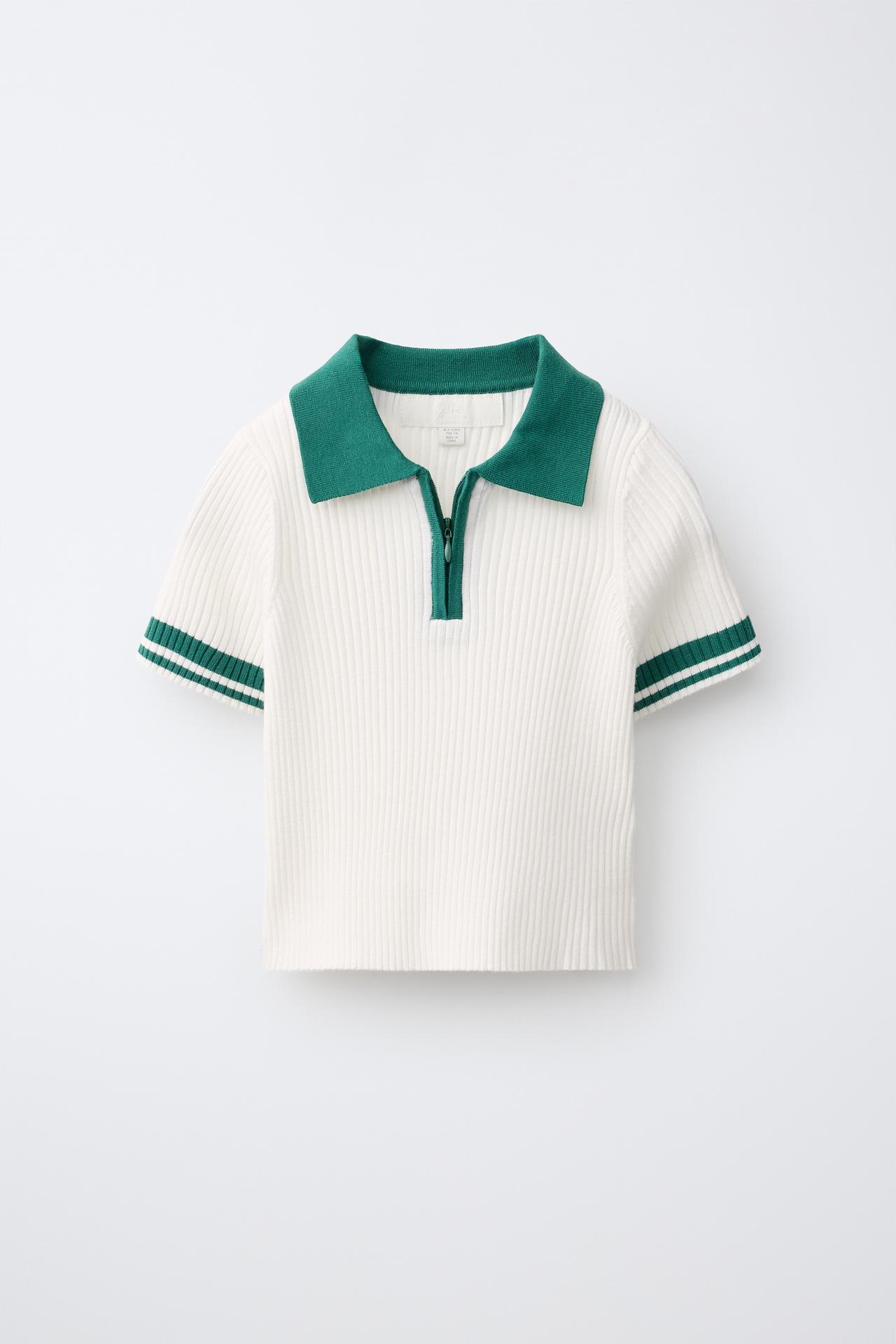 CONTRAST ZIP RIBBED POLO SHIRT — Mid-green