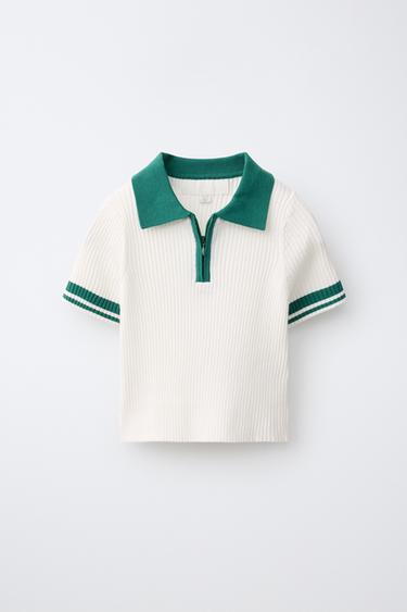 Zara CONTRAST ZIP RIBBED POLO - Mid-green