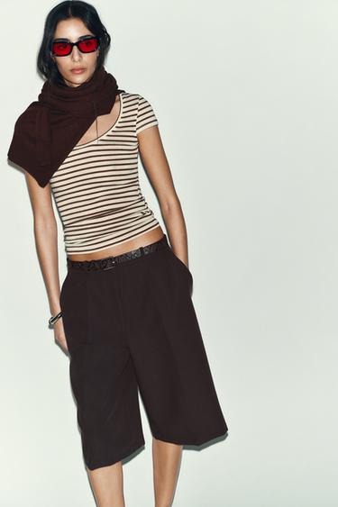 STRIPED SHORT SLEEVE T-SHIRT - Ecru / Brown by Zara - Image 1