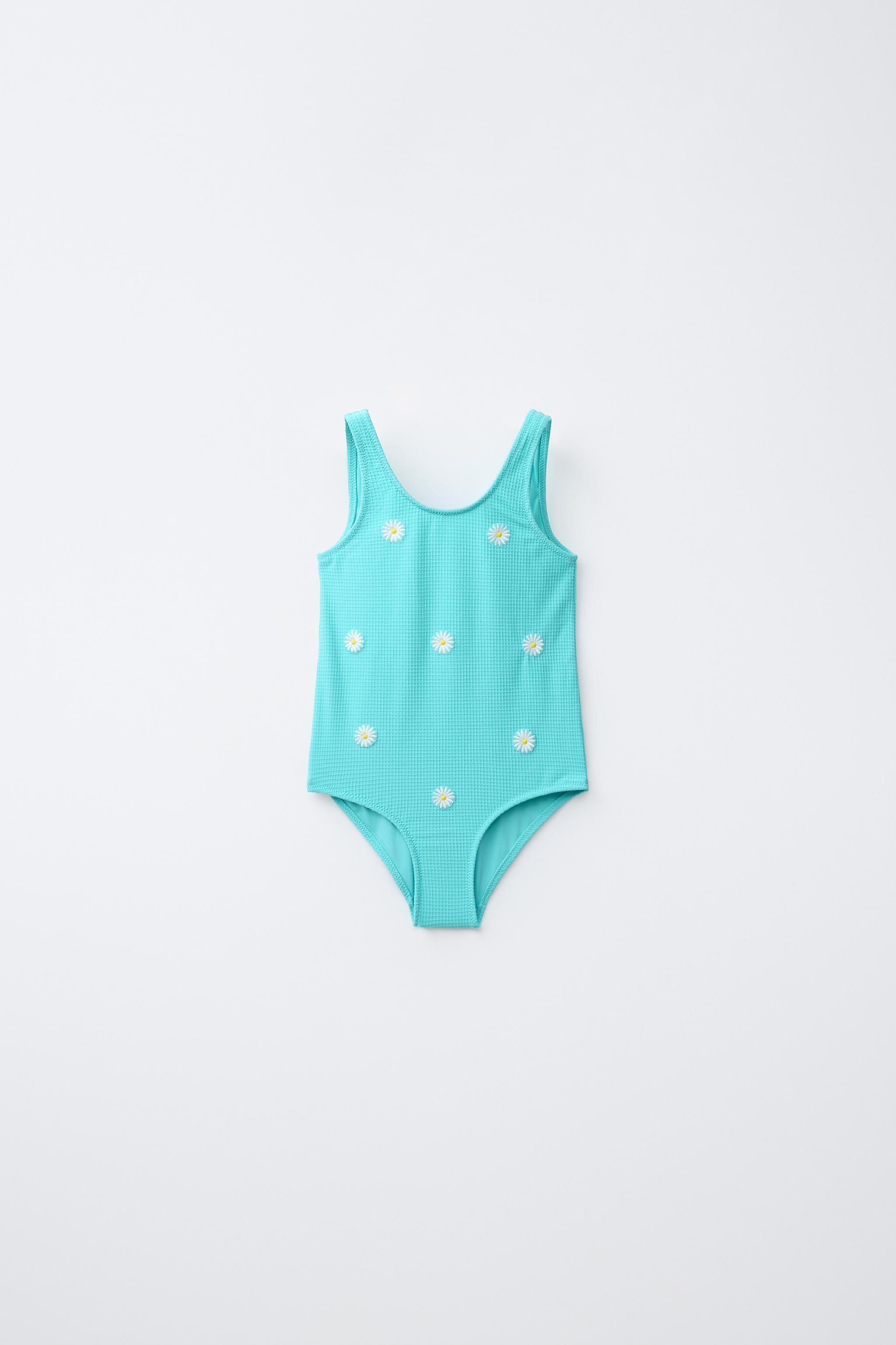 2-6 YEARS/ DAISY WAFFLE TEXTURE SWIMSUIT — Turquoise