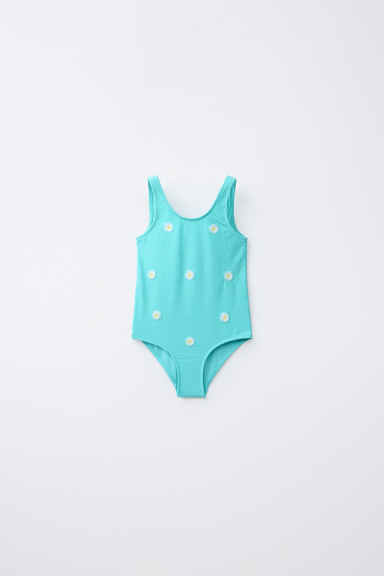 2-6 YEARS/ DAISY WAFFLE TEXTURE SWIMSUIT — Turquoise