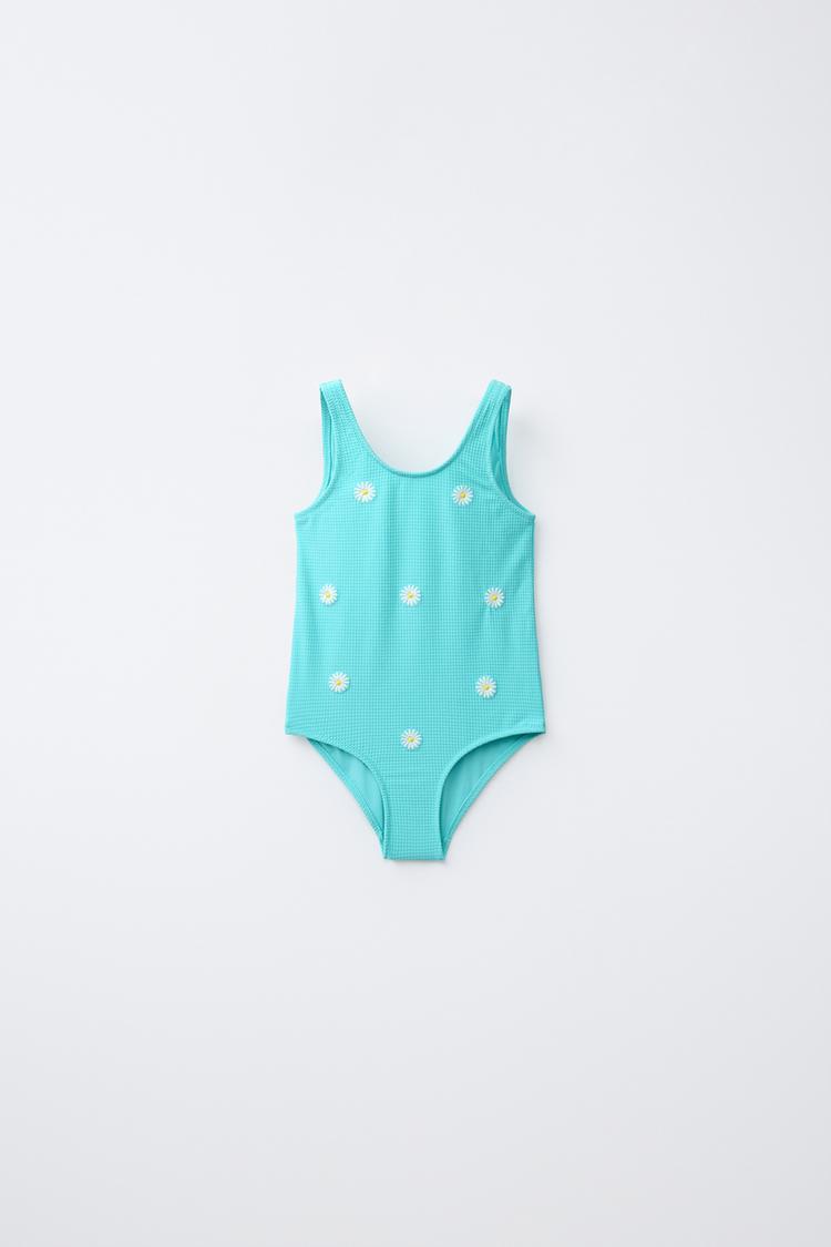 2-6 YEARS/ DAISY WAFFLE TEXTURE SWIMSUIT — Turquoise