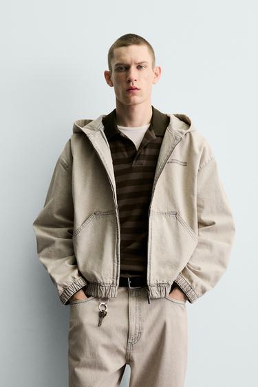 EMBROIDERED HOODED DENIM JACKET - Ecru / Brown by Zara