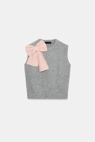 KNIT WAISTCOAT WITH BOW - Grey by Zara