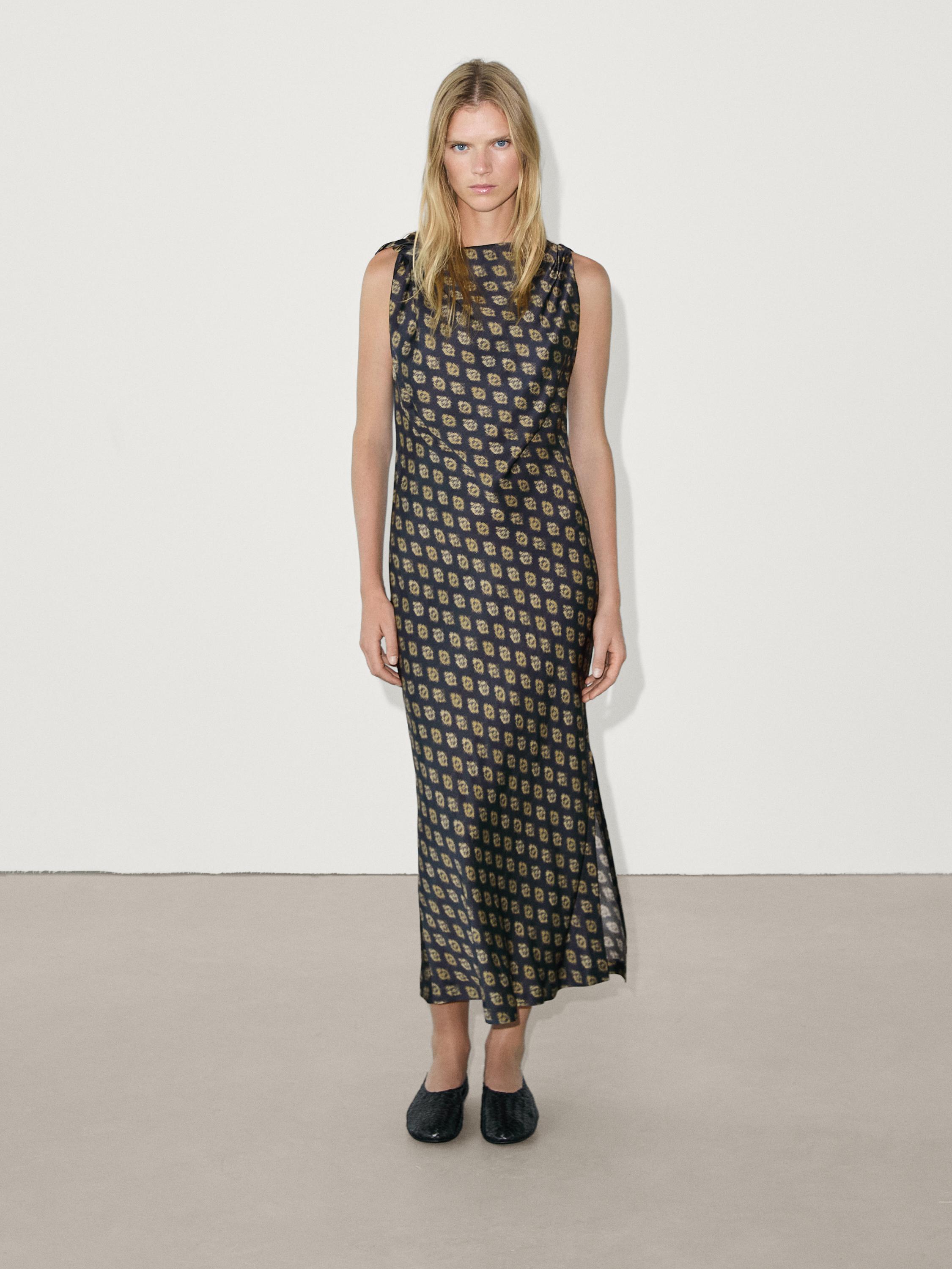 Printed satin midi dress - Dark navy | ZARA United States