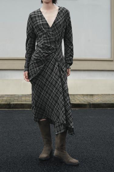 Zara 格紋垂褶洋裝 - 卡其色